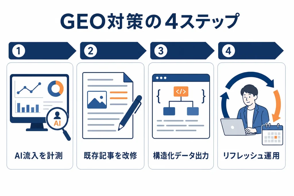 AI流入の計測、既存記事の改修、構造化データ出力、リフレッシュ運用という4つの手順を示す図