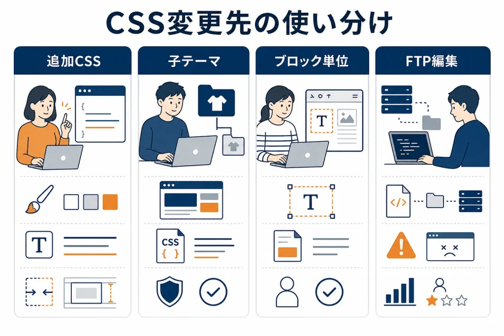 追加CSS・子テーマ・ブロック単位・FTP編集という4つのCSS変更先を並べて比較した図