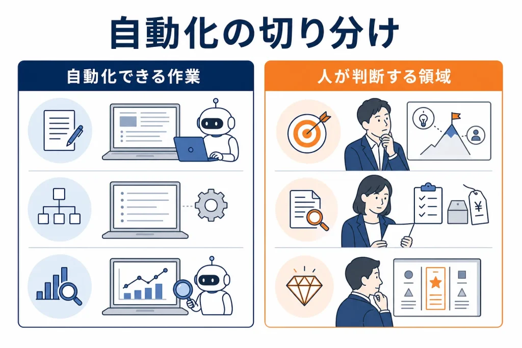 SEO運用のうち自動化できる定型作業と人が判断すべき戦略領域を左右に分けて比較した図