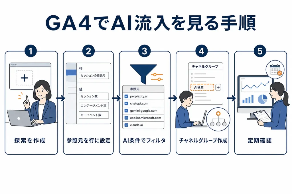 GA4で探索レポートを作りAI流入を可視化する5つの手順を示した図