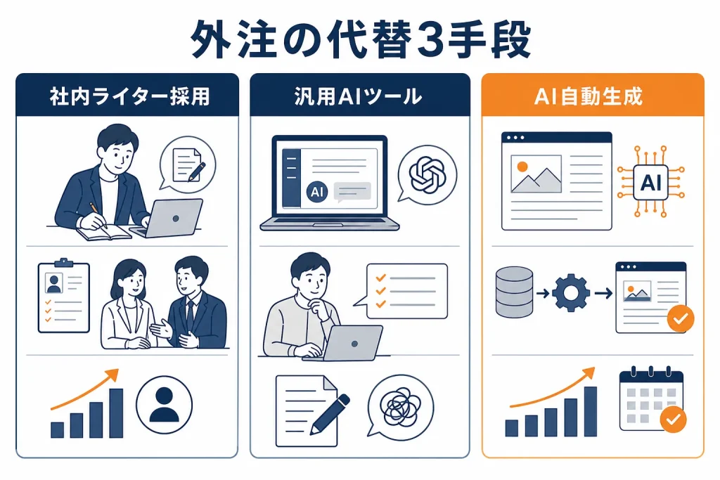 社内ライター採用・汎用AIツール・AI自動生成の3手段を並べて比較した図
