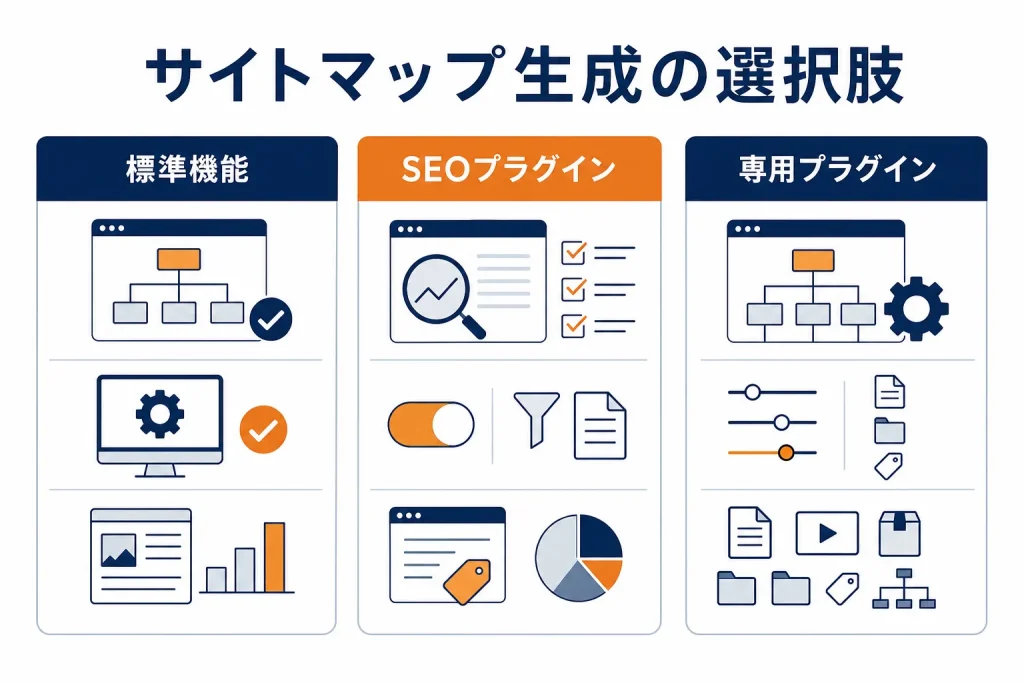 標準機能・SEOプラグイン・専用プラグインという3つのサイトマップ生成方法を比較した図