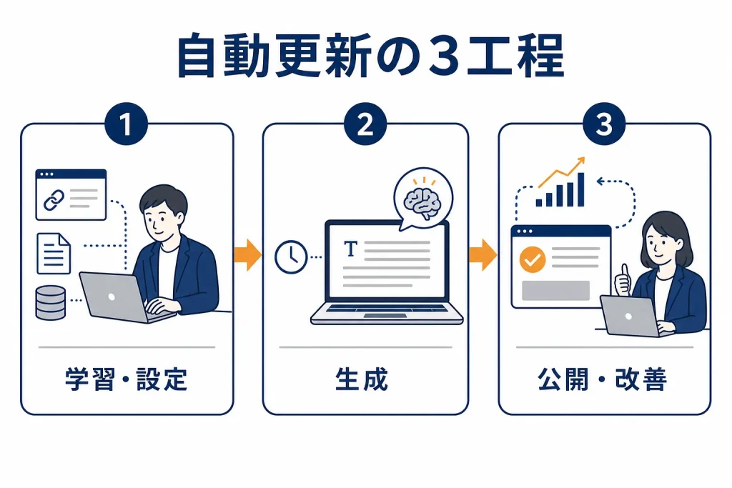 AIブログ自動更新は学習・設定、生成、公開・改善の3工程で回る流れを示した図