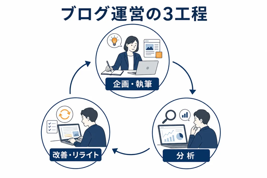 企画・執筆、分析、改善・リライトの3工程が循環する関係を示した図