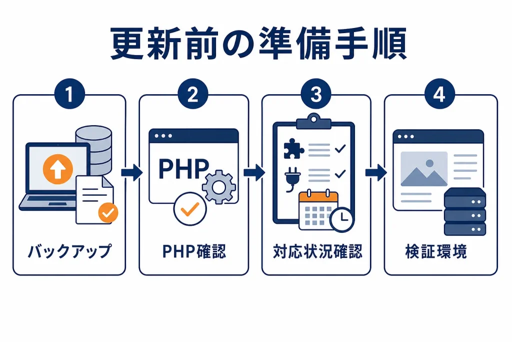 バックアップ、PHP確認、対応状況確認、検証環境という更新前の4ステップを示した図