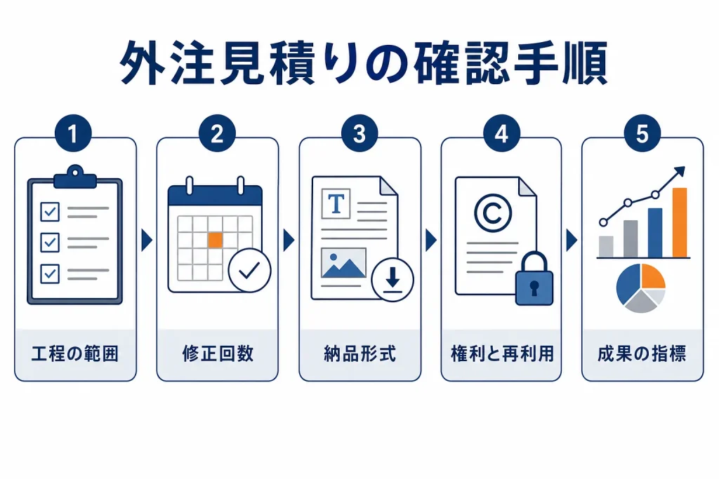 外注見積もりで確認する5つの項目を工程の範囲から成果指標まで順に並べた図