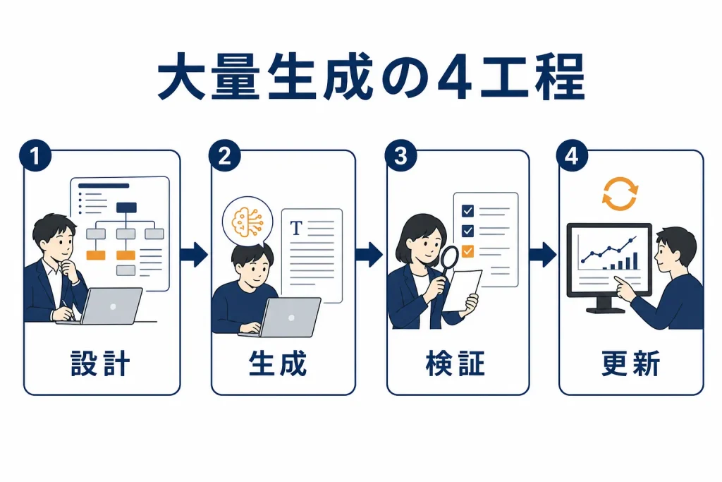 設計・生成・検証・更新の4工程が矢印でつながる大量生成の流れを示した図