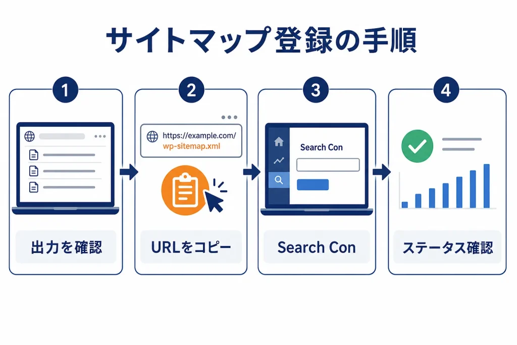 サイトマップの出力確認から送信、ステータス確認までの4ステップを示した図