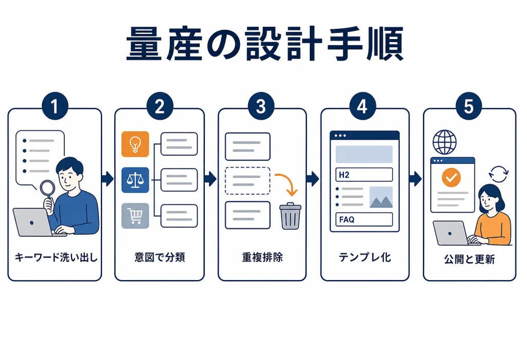 キーワード洗い出しから分類、重複排除、テンプレ化、公開と更新までの5段階の流れを示した図