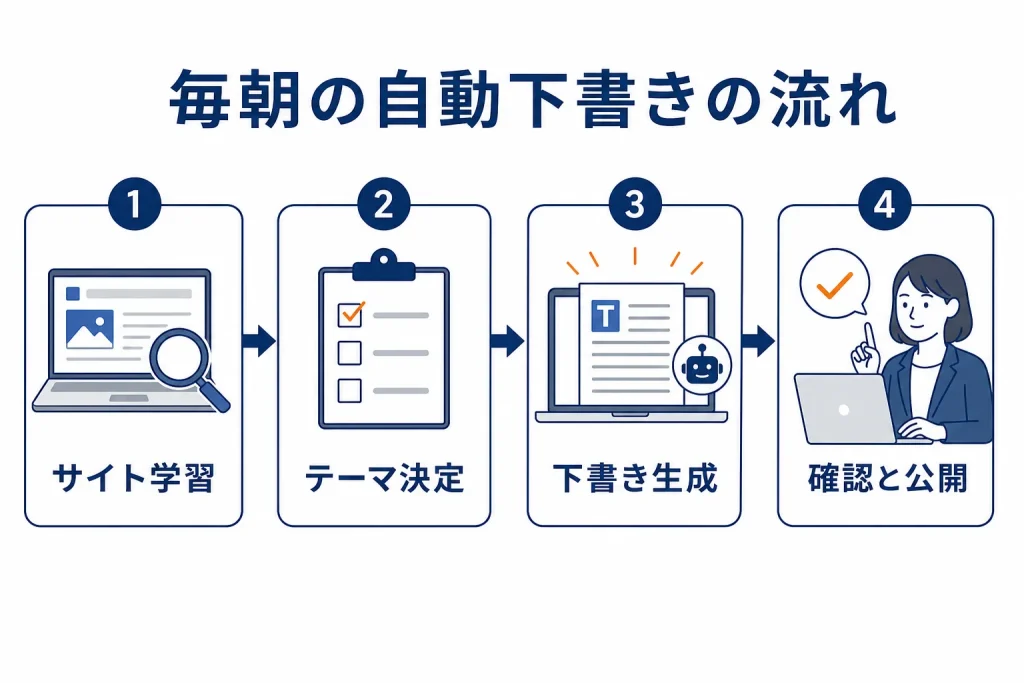 サイト学習からテーマ決定、下書き生成、確認と公開まで4段階で進む自動下書きの流れを示した図