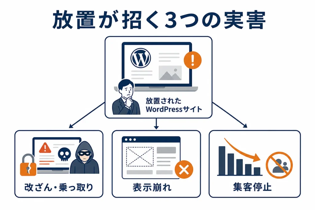 プラグイン放置が改ざん・表示崩れ・集客停止の3つの実害につながることを示す概念図