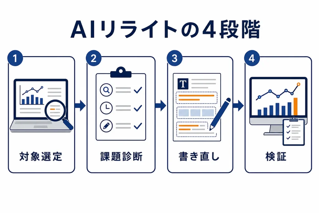 AIリライトを対象選定・課題診断・書き直し・検証の4段階で示した流れ図
