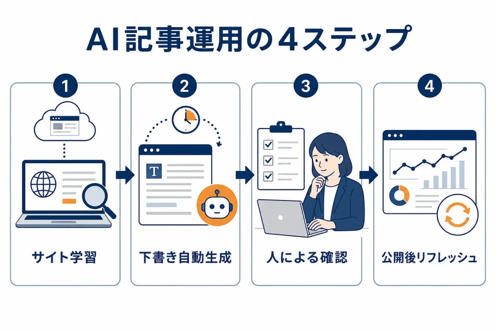 サイト学習から下書き自動生成、人による確認、公開後のリフレッシュへと進む4段階の流れ図