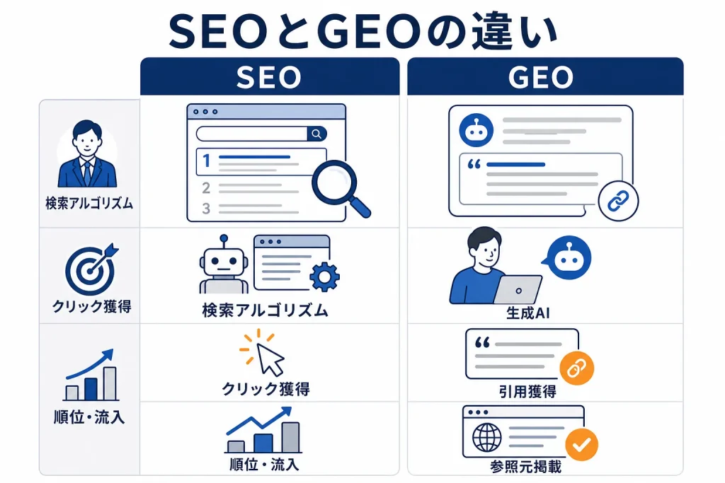SEOとGEOを評価者・目的・指標の3観点で左右に並べて比較した図