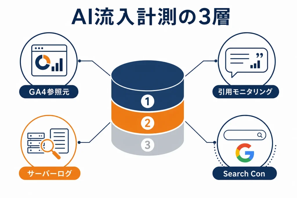 GA4の参照元、サーバーログ、引用モニタリングの3層でAI流入を補完する関係図